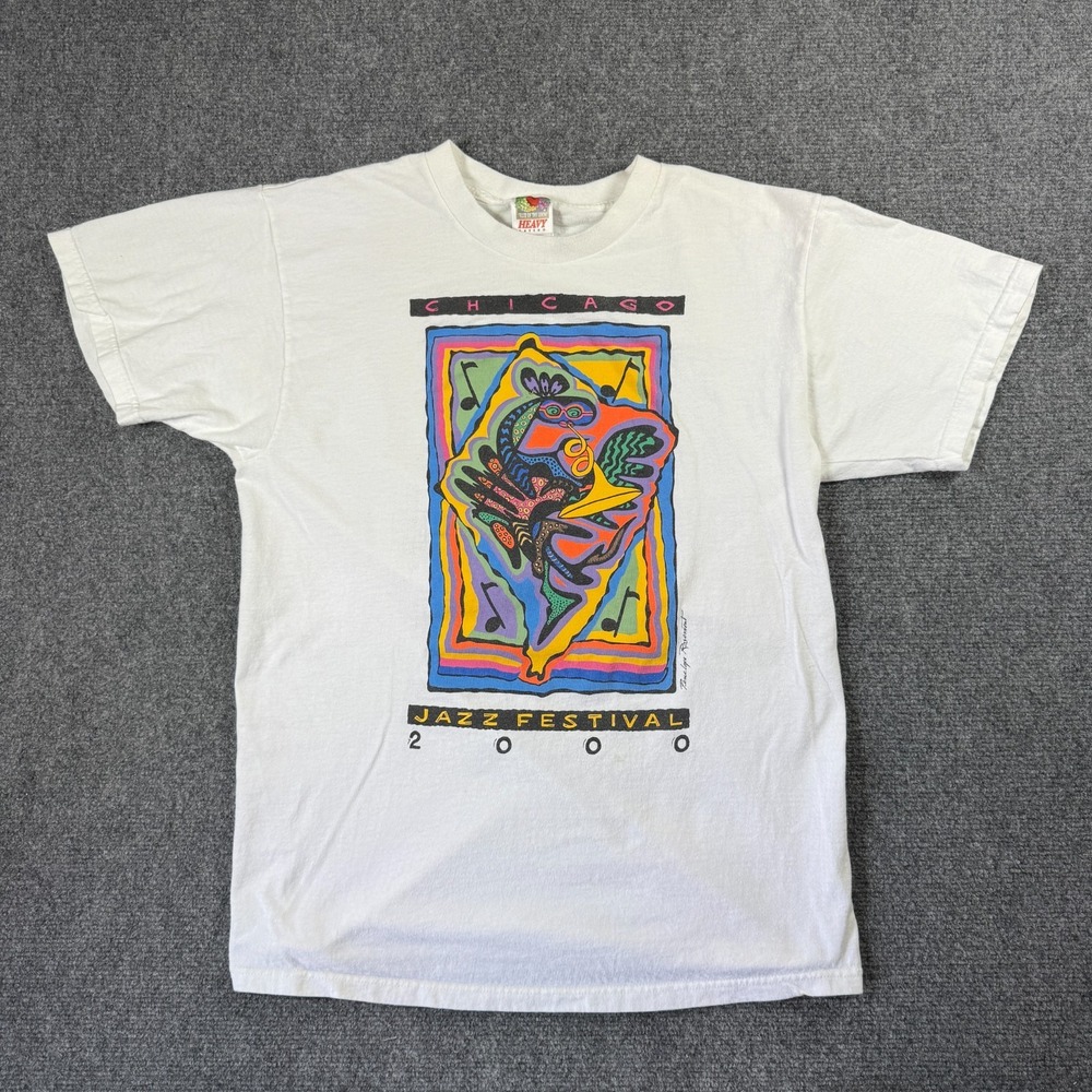 Vintage 2000 Chicago Jazz Music Festival Art Graphic Shirt Trumpet White Large